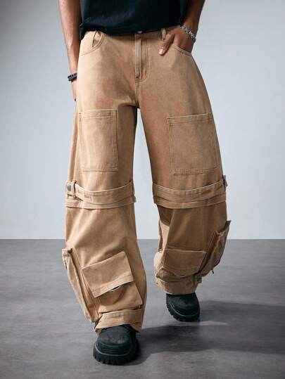 ROMWE Avant Men's Casual Washed Retro Cargo Jeans