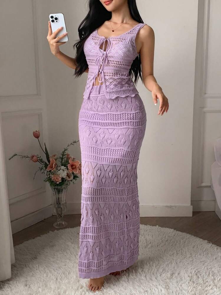 2pcs Set Women Sleeveless Hollow-Out Knit Long Cardigan & Skirt Pajamas Suit