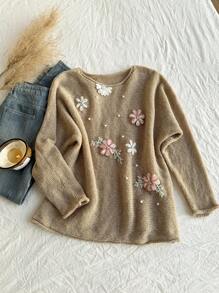 Comfortcana Suéter casual con decoración de flor 3D, talla grande, primavera/otoño