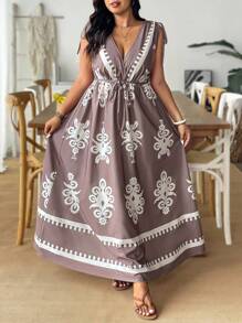 SHEIN LUNE Plus Size Women's White Summer Boho Vacation Holiday V-Neck Drawstring Cinched Waist-Up Ankle Length Casual Resort Printed Woven Dress - Multicolor - View 4