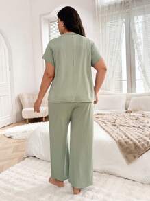SHEIN Ribbed Soft & Skin-Friendly Casual Homewear Pajamas Set, Plus Size, Outfits - Green - View 2
