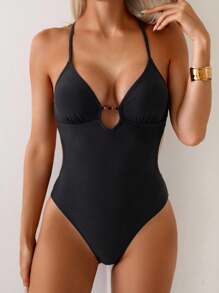 Swim Basics Traje de baño de una pieza con cortes y cuentas para mujer, diseño sexy - Negro - Ver 3