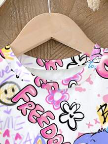 Camiseta de manga corta básica para niñas pequeñas con estampado de dibujos animados, graffiti, coser y lema colorido. - Blanco - Ver 3