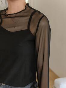 DAZY Lettuce Trim Mock Neck Mesh Top Without Cami Top Sheer Top Going Out Tops Long Sleeve Women Tops - Black - View 4