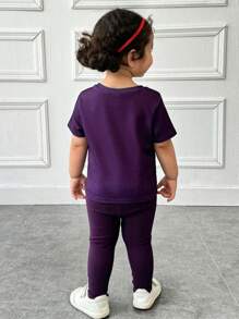 SHEIN Baby Girl Loose & Casual Simple Comfortable Round Neck Pullover Batwing T-Shirt And Pants Set - Purple - View 2