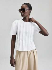 Ontre Ropa de mujer Otoño/Invierno 2025, Prendas de vestir de mujer Otoño/Invierno, Vuelta al colegio, Halloween, Navidad, Casual de negocios, Retro, Elegante, Versátil, Ropa básica, Ropa de Nashville, Cuello redondo, Manga corta abullonada, Plisado, Blusa de unicolor, Vestido formal, Versátil, Viaje diario