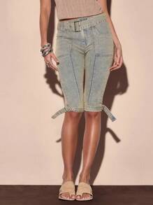 MUSERA Belted Denim Capri Pants Summer Vacation Y2k 90's Streetstyle Cool Girl Festival Holiday Rave Ibiza Western Concert Fall Autumn Winter Nashville