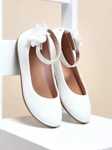 Mini mi Ankle Strap Floral Detail Round Toe Pu Black Flats– Cushion Dressing Shoes For Princess's Dance&Party