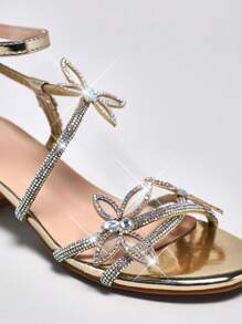 Mini mi 水晶镶嵌 3D 蝴蝶水钻粗跟香槟色礼服凉鞋|公主角色扮演高跟鞋 - 香檳色 - 查看 4