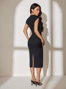 SHEIN PETITE 女士优雅纯色修身中长连衣裙，夏季 - 黑色 - 查看 3