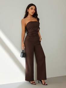 SHEIN PETITE 女士休闲无袖上衣和裤子套装，秋冬夏季 - 棕色 - 查看 6