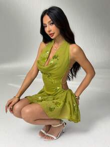 SHEIN PETITE 女式性感低胸亮片迷你连衣裙 - 綠色 - 查看 5