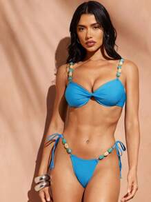 Hauture Women's Solid Color Bead Decor Stone Detail Ruched Sexy Bikini Top, Swimwear, Vacation For Summer - Blue - View 3
