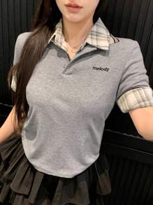 DAZY Women Summer Striped Webbing Contrast Patchwork Embroidered Letter Polo Shirt Short Sleeve T-Shirt Preppy Tops - Grey - View 1