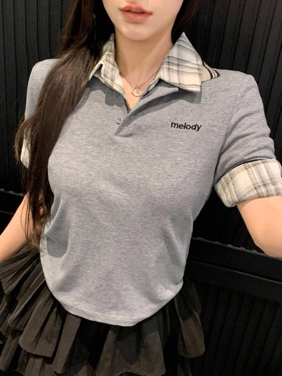 DAZY Women Summer Striped Webbing Contrast Patchwork Embroidered Letter Polo Shirt Short Sleeve T-Shirt Preppy Tops - Grey - View 1