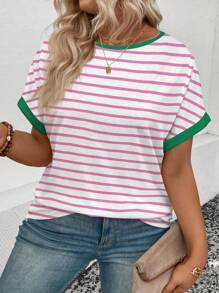 INAWLY Maglietta casual in taglie forti da donna, a maniche corte, con scollo rotondo, con stampa a righe, versatile, per primavera/estate