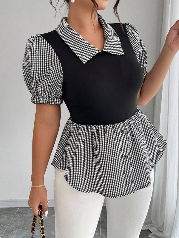 Elenzga Plus Size Summer Commuter Patchwork Ruffle Hem Puff Sleeve Blouse