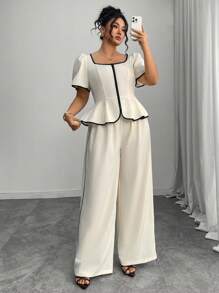 Elenzga 大码春夏季优雅撞色短袖衬衫和阔腿裤两件套两件套裤子套装女裤套装女夏季阔腿裤套装衬衫和裤子套装2件套休闲套装女 - 白色 - 查看 7