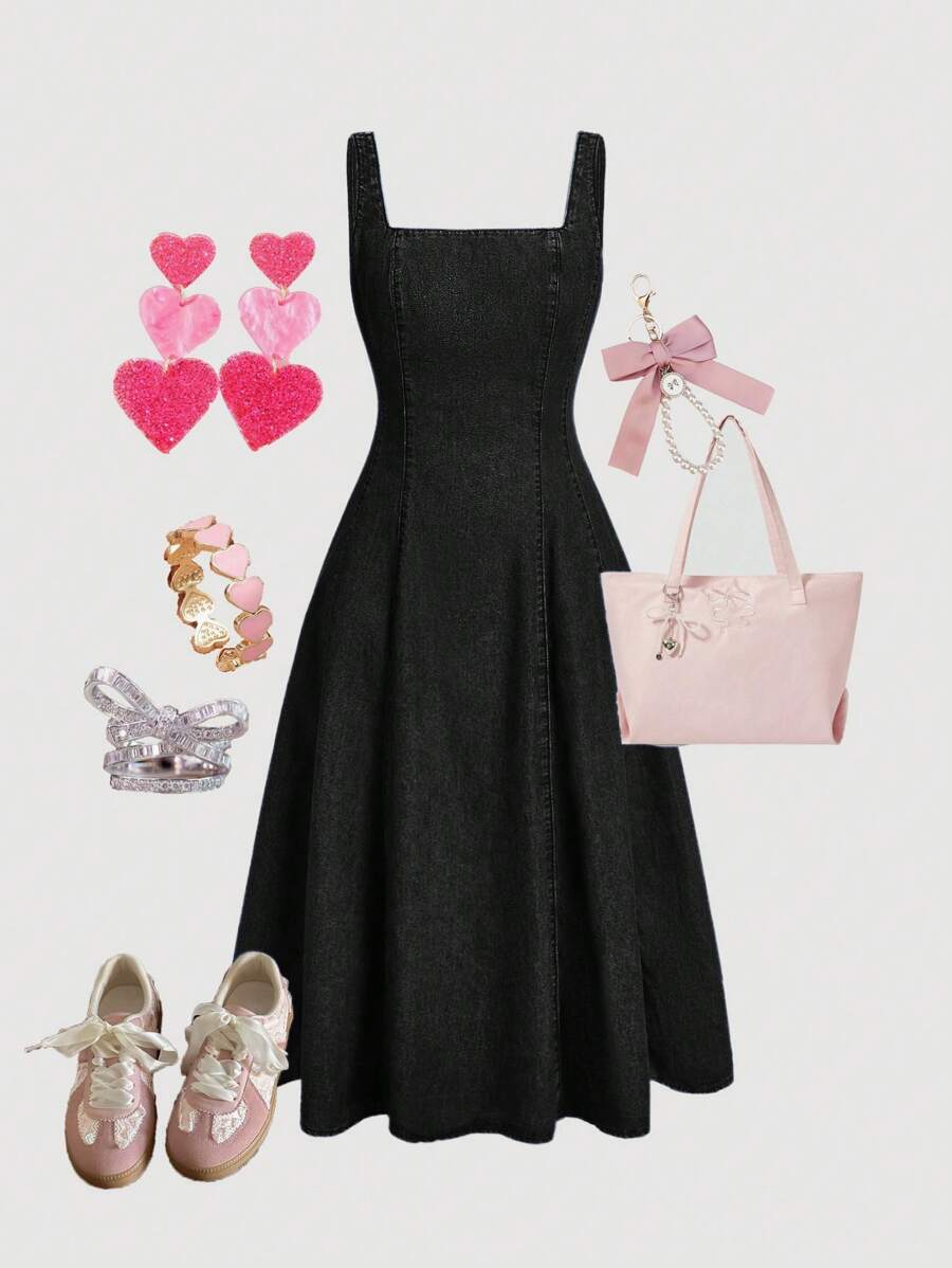 SHEIN MOD 女式方领松紧腰休闲无袖牛仔连衣裙，夏季 - 黑色 - 查看 1