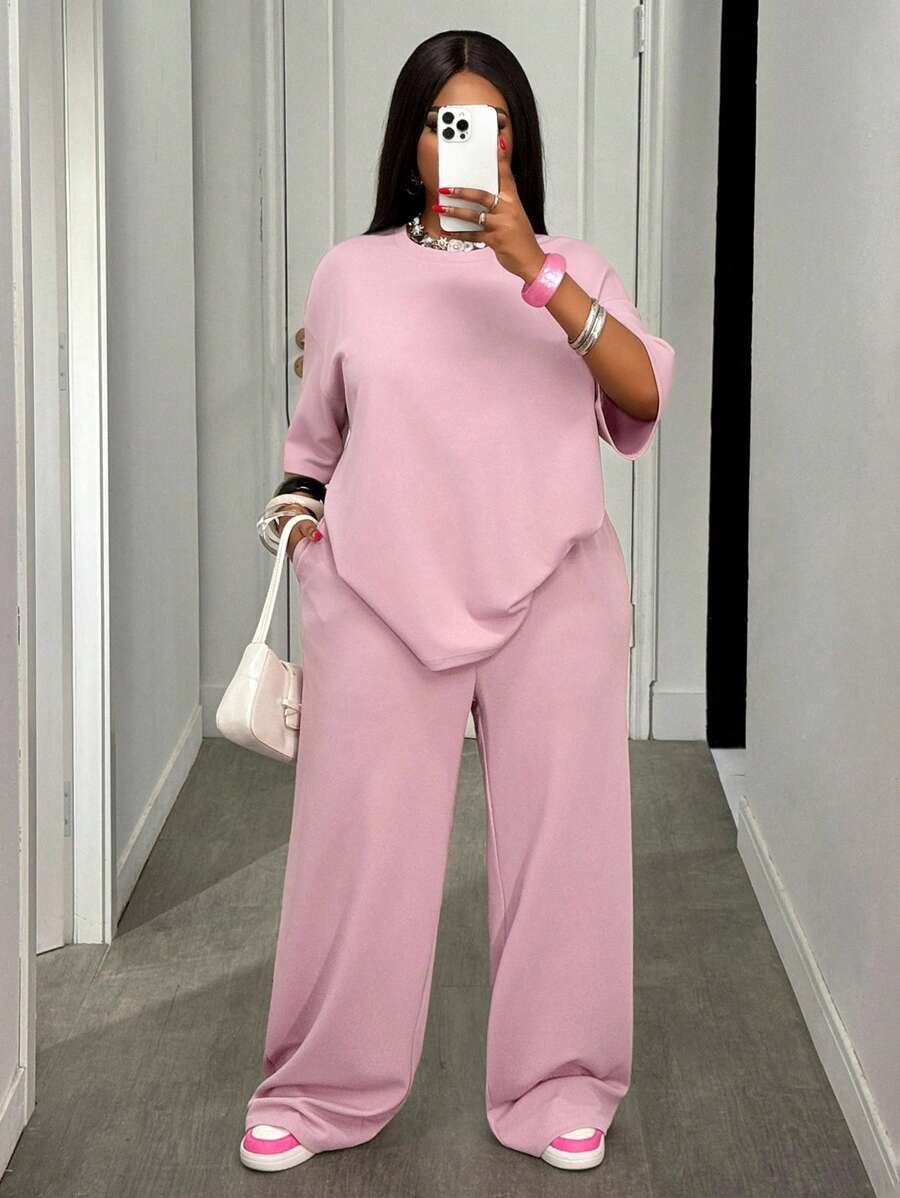 Slaydiva 秋冬新品/女士秋装/万圣节/女士秋冬服装 秋冬新品,女士秋冬服装 - 粉色宽松露脐上衣T恤和阔腿口袋裤家居服套装,舒适面料大码女装,女士秋装两件套,女士舒适两件套,女士两件裤套装,女士休闲两件套,舒适两件套 - 粉色 - 查看 1