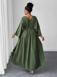 Maweii 大码女式纯色腰带蝙蝠袖休闲褶饰连衣裙 - 綠色 - 查看 2