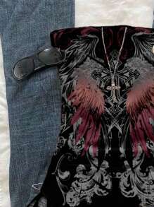 SHEIN EZwear Parte superior corta casual de mujer con estampado de alas de ángel retro punk y empuñadura fruncida con lazo delantero