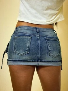 ROMWE J-Fashion Y2K Cyber Girl Punk Harajuku Grunge Hem Design Women Low Waist Mini Denim Skirt - Màu xanh lam - Xem 3