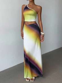 INAWLY Women's Tie-Dye Print Sleeveless Cropped Top And Skirt 2-Piece Set, Fashionable - Multicolor - View 5