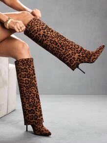 CUCCOO SZL Sepatu Bot Hak Tinggi Ujung Lancip Wanita, Desain Bahan PU Multi-Layer Putih, Modis, Nyaman untuk Pemakaian Sehari-hari, Pesta dan Jamuan, Sepatu Bot Setinggi Lutut dengan Resleting Samping - Coklat - View 12