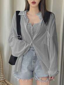 DAZY Women's Spring/Summer Solid Color Drop Shoulder Long Sleeve Single-Breasted Loose Casual T-Shirt Sheer,Fall Women Clothes - Grey - View 4