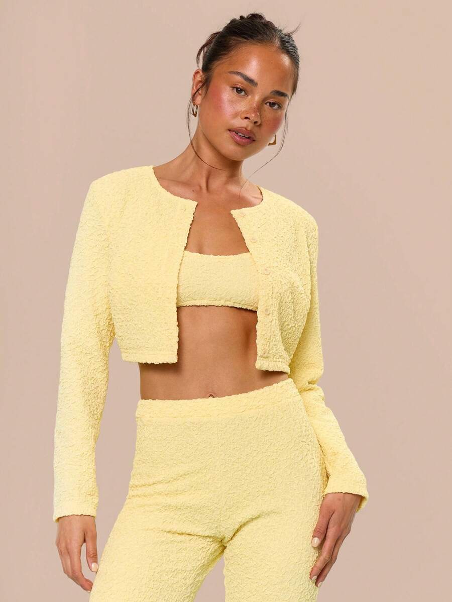 MUSERA 纹理短款上衣，适合度假、节日、休闲、优雅、托斯卡纳阳光、机场、秋季、返校、春夏等场合。 - 黃色 - 查看 1