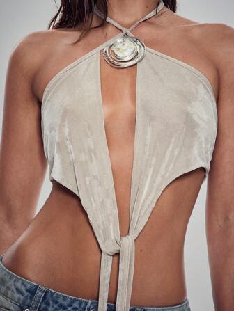 Denimoi Tie Front Cut Out Low Back Halter Top With Stone Necklace