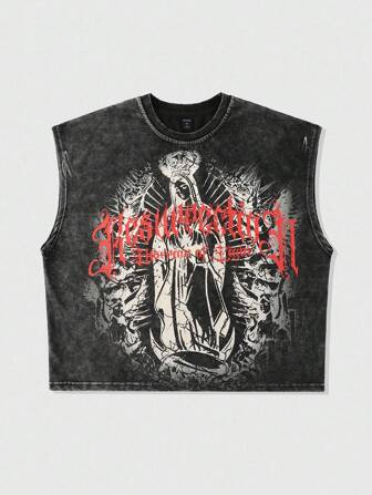 Goth Camiseta de tirantes con gráfico de retrato lavada para hombre de verano