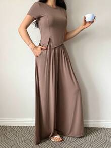 DAZY Damen einfarbiges gestricktes Top mit asymmetrischem Saum und weite Hose Loungewear Set Pyjama