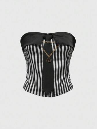 J-Fashion Retro Shibuya Baddie gestreiftes Kontrast-Spitzen-Trägertop in Kurzer Länge (mit Halstuch)