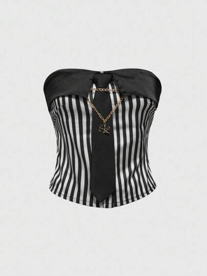 J-Fashion Retro Shibuya Y2K Baddie gestreifter Kontrastkragen Kurzes Bandeau-Top (mit Krawatte)