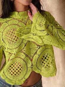 Glamine Women's Long Sleeve Stand Collar Water-Soluble Flower Inlay Edge Sheer Blouse, Lime Green Top, Hollow Out Top Fall Cloth For Women - Green - View 6