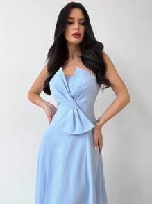 Firerie Women's Elegant Romantic Stylish Bow Decor High Waist A-Line Midi Dress, Sleeveless Strapless Blue Party Dress,  Graduation Dress - Baby Blue - View 4
