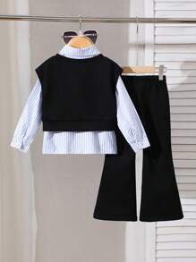 Elladie kids 3件套女童休闲条纹衬衫+爱心印花背心+裤子套装，秋冬季女童服装，女童两件套黑色背心套装，女童秋季服装 - 黑色 - 查看 2