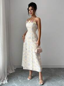 Rafferiza Váy suông họa tiết hoa 3D thanh lịch cho nữ mùa hè - Màu vàng - Xem 5