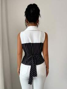 Elenzga Women's Striped Sleeveless Fitted Blouse, Summer - Black - View 2