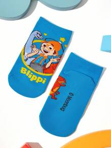 Blippi X SHEIN 5 双棉质柔软透气吸湿排汗儿童短袜彩色可爱卡通汽车图案踝袜加固脚趾和脚跟，经久耐用，男女通用，四季百搭，适合学校和户外 - 彩色 - 查看 9