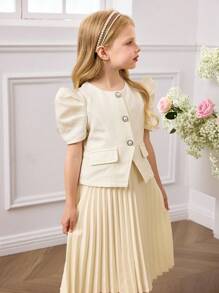 Young Girl Elegant Urban Pleated Short Sleeve Dress, Apricot Color - Apricot - View 5