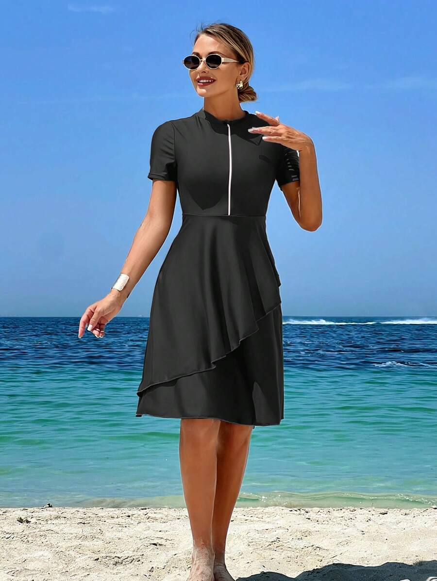 Swim Mulvari Mulvari 春季拉链纯色短袖不对称长款两件套女式海滩度假泳衣