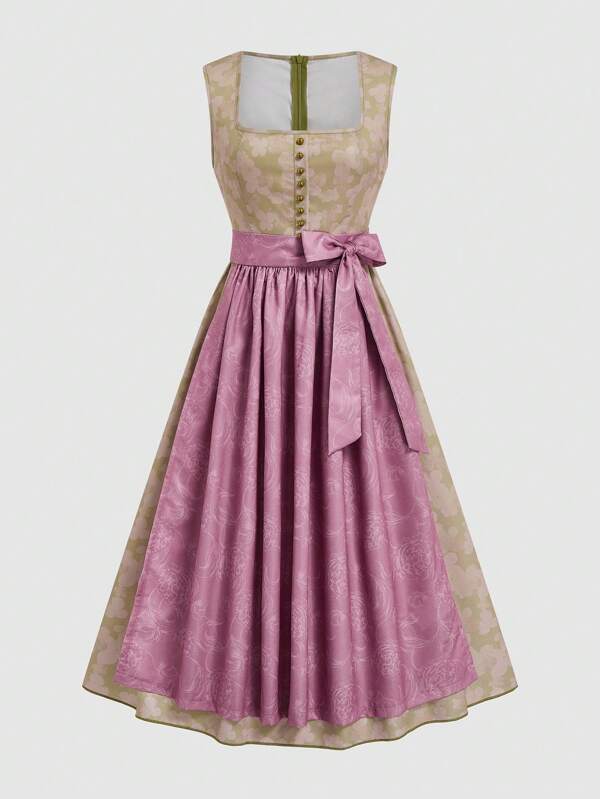 Fairmaia Traditional German Elegant Vintage Jacquard Patchwork Ladies Fashion Traditional Dirndl Dress With Square Neck, Floral Print, And Apron, For Oktoberfest