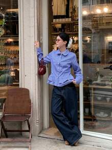 DAZY 女式彼得潘领格子休闲蓝色长袖韩版纽扣衬衫，秋季 - 藍色 - 查看 4