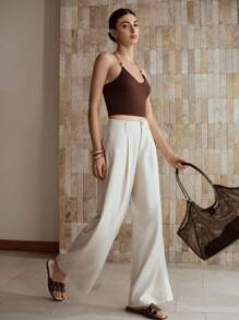 MOTF PREMIUM 纯色褶皱阔腿裤 - 杏色 - 查看 13