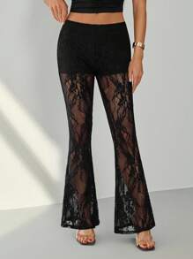 SHEIN Tall Quần ống loe ren mỏng gợi cảm thanh lịch dành cho nữ - màu đen - Xem 1