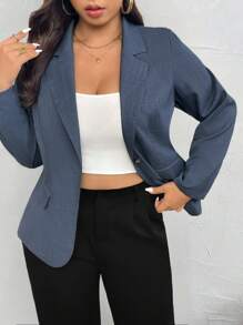 SHEIN Unity 6件套大码女式双色纹理面料办公室薄款长袖西装外套 - 藍色 - 查看 3
