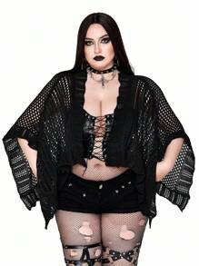 SHEIN Whyspr 大码女式复古朋克 Y2K 暗黑风格针织披肩开衫 / 酷女孩大码袖针织开衫冬季秋季秋季，万圣节 - 黑色 - 查看 4